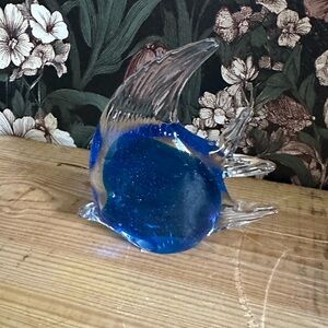 Murano Style Art Glass Fish Cobalt Blue White Figurine Paperweight Coast Seaside